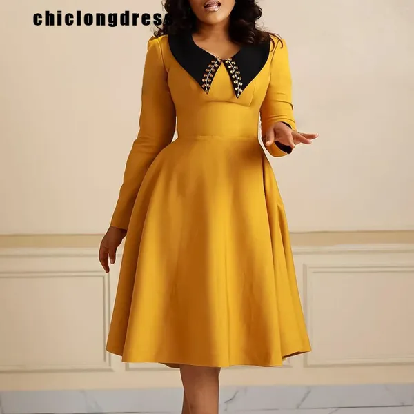 Vestidos informales Outumn Elegant Office Women A-Line Vestido Fashion Fashion Polo Manga larga Africana Africana