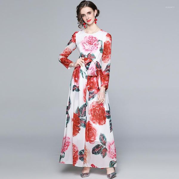 Robes décontractées automne femmes élégantes Rose imprimer Maxi robe mode Femme Vintage concepteur à manches longues bohême en mousseline de soie fête