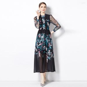 Casual jurken herfst mode lange zwierige jurk dames mesh mouw bloemenprint zwart vintage chiffon vestidos vakantie feminino