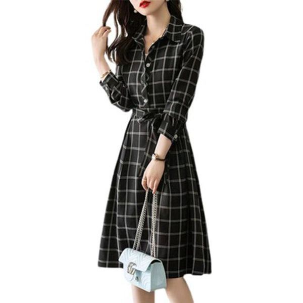 Robes décontractées automne mode femmes robe 2023 grande taille à manches longues dames Hong Kong Style tout-match vérifier Vestidos NBH419