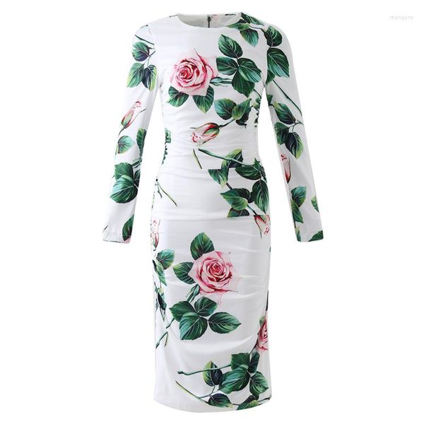 Vestidos casuales Otoño Moda Mujer Tallas grandes Retro Vintage Rosa Estampado floral Manga larga Bodycon Midi Lápiz Vestido Negro / Blanco