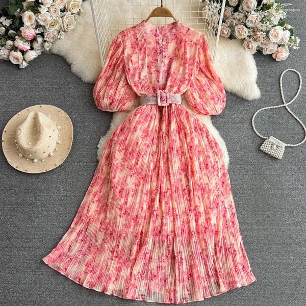 Robes décontractées Automne Robe plissée florale pour femmes élégantes manches bouffantes col montant ceinturé bulle robes en mousseline de soie plis boho vintage dans