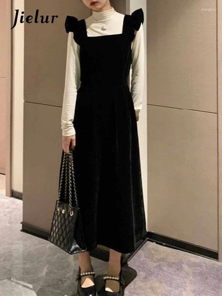 Vestidos casuales Otoño Francés Terciopelo negro suelto Mujer Suspender Básico Simple Oficina Lady Slim Pure Color Vestido de mujer