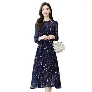 Casual jurken herfst zachte wind Franse niche bloemen chiffon jurk dames ronde nek taille bedekking vlees met lange mouwen temperament skir