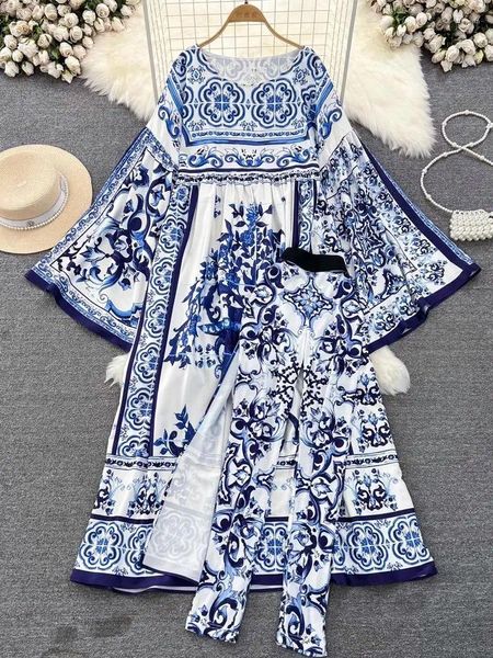 Vestidos casuales Vacaciones de otoño Porcelana azul y blanca Trajes de dos piezas Vestido Manga acampanada para mujer Split Maxi Robe Stretch Pantalones de lápiz