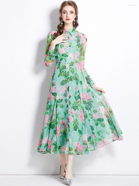 Vestidos casuales Vacaciones de otoño Hermosa flor Vestido de gasa verde Camisa de manga larga para mujer Cuello Rosa Estampado floral Flare Robe Vestidos