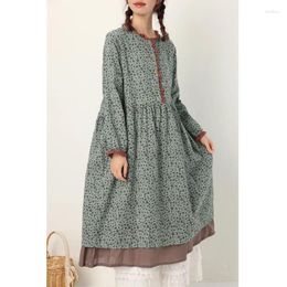 Robes décontractées Automne en robe de fleur imprimée pour femme à manches longues en dentelle à volants col lâche coton lin japon style pastorale fille