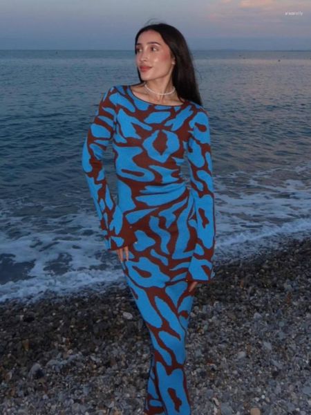 Robes décontractées automne tricoté moulante Maxi robe manches évasées élégant géométrique imprimé fête pour les femmes 2023 soirée Club longue