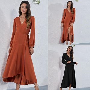Casual jurken herfst lange maxi jurk vrouw vrouwen boho chiffon ruches wrap v-hals split sexy party badjas