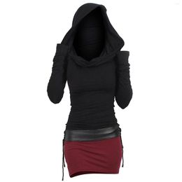 Casual jurken herfst lange mouw veter pullover voor vrouwen bruiloft gasten capuchon contrast tweeklonige cinched slanke mini jurk robe femme