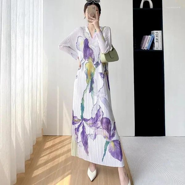 Robes décontractées automne imprimé lâche plissée longue robe femme élégante manche maxi vestidos oversize a-line jupe robe femme