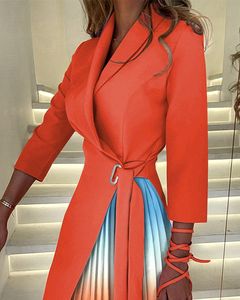 Casual jurken herfst patchwork ontwerp geleidelijke kantoorjurk dames mode riem vneck 34 mouw geplooide feest elegante werkkleding 230227