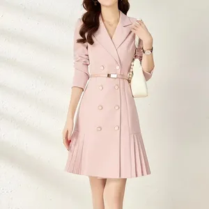 Casual jurken herfst roze blazerjurk voor dames elegante gekerfde kraag dubbele rij riem slanke bodycon geplooid