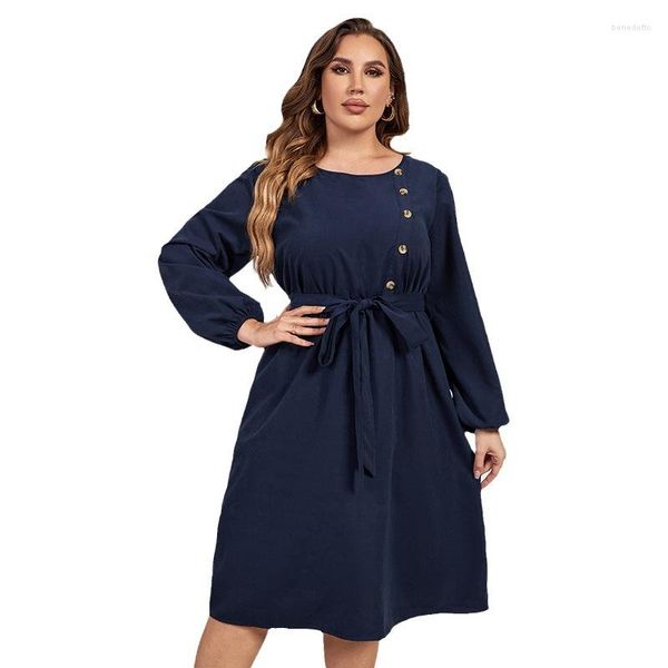 Vestidos informales Otoño Tallas grandes Mujer suelta Noche azul marino con botón Vestido de swing plisado de manga larga