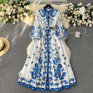 Casual jurken Autumn Runway Blue Flower Dress damesstandaard lange mouw met één borsten met borsten met borsten met eenmalige borte vakantie Boho Maxi Vestidos 2024