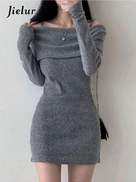 Robes décontractées automne couleur unie sexy femmes robe douce dames élégante chic femme noir gris tricoté serré hanche femme