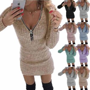 Casual Dresses Autumn Spring Elegant Zipper Sweater Dress Women Winter Knitted Mini Bodycon Robe Femme Vestidos Mujer CasualCasual