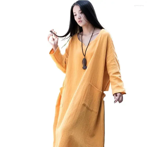 Robes décontractées Automne Été Coton Lin Plus Taille Femmes Lâche Maxi Robe Solide Manches Longues Vintage Oversize Robes