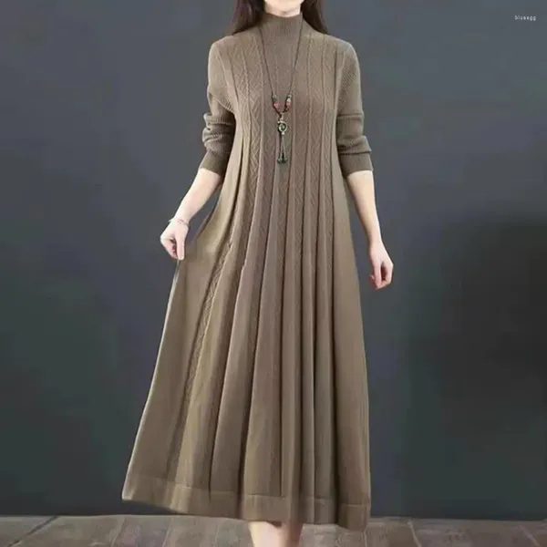 Vestidos casuales Vestido de suéter de otoño elegante plisado cuello alto de punto A-line Midi para mujeres grueso cálido manga larga invierno