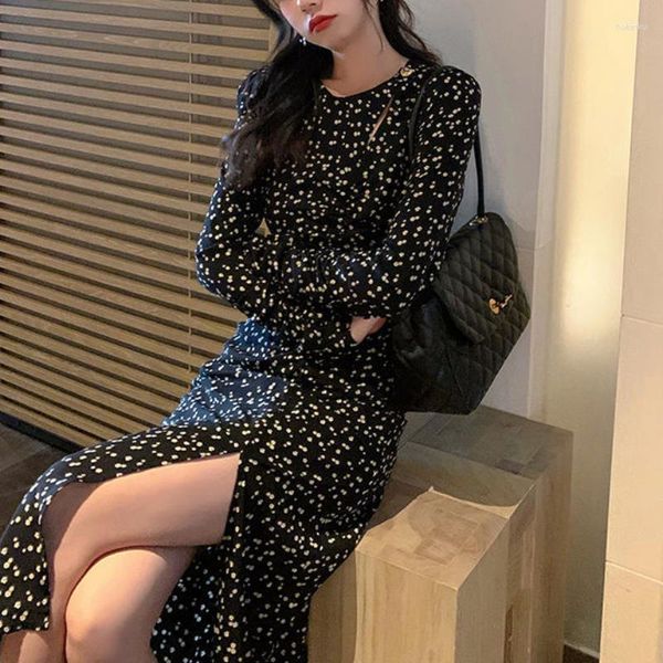 Casual Kleider Herbst Vintage Blumenkleid Frauen Chiffon Split Party Midi Weibliche Koreanische Mode Druck Designer Chic 2023