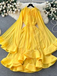 casual jurken herfst vintage dames feestjurk ruche v-hals elegante flare extra lange mouw hoge taille slanke maxi gewaad vrouwelijk geel