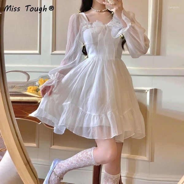 Robes décontractées Automne Blanc Sweet Fairy Robe Femmes Bow Princesse Kawaii Party Mini Femme Coréenne Mode Lolita 2024