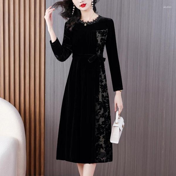 Vestidos casuales Otoño Invierno Terciopelo negro Burn Out Chic Vestido largo 2023 Coreano Vintage Lujo Mujeres Moda Encaje Vestidos elegantes