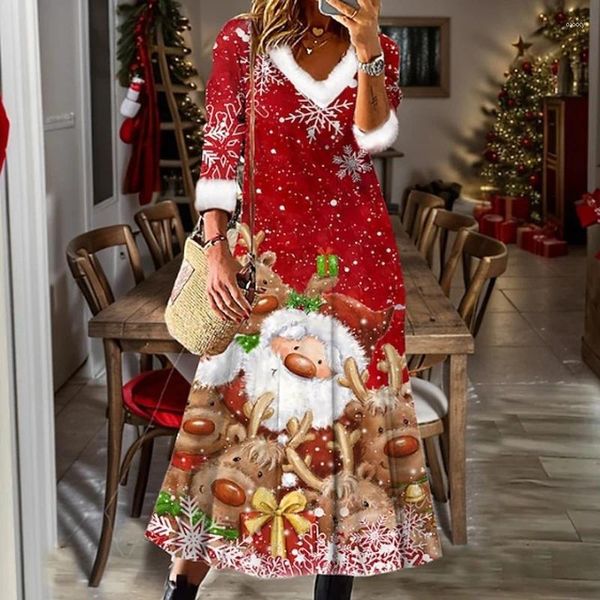 Robes décontractées Automne Hiver Noël 3D Robe de soirée imprimée Femmes V-Col V-Col à manches longues Pull Mode Lâche Taille haute