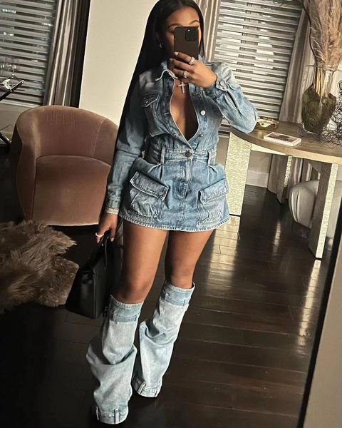 Robes décontractées automne hiver denim mini robe tenue sexy femmes deux pièces jeans club correspondant ensemble couvre-jambes