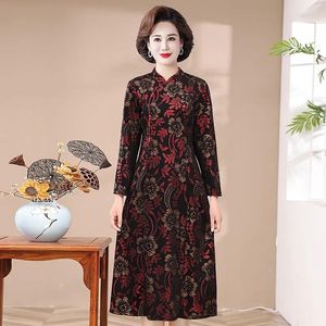 Casual Jurken Herfst Winter Jurk Chinese Traditionele Lange Cheongsam Vrouwen Mouwen Afdrukken Avondfeest Jurken