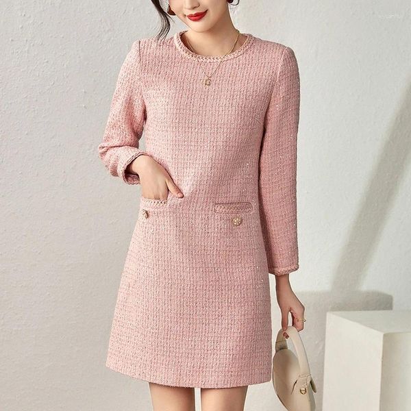 Vestidos casuales otoño invierno elegante fiesta para mujeres lentejuelas manga larga ropa de mujer una línea oficina dama vintage tweed vestido delgado