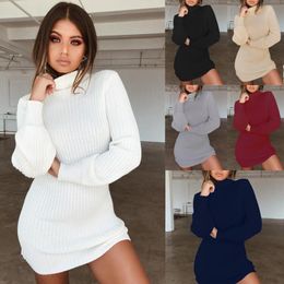 Casual Dresses Autumn Winter Fashion Sexy Women's Package Hip Mini Dress 2022 Turtleneck Solid Long Sleeve Knitted Plus Size Lady