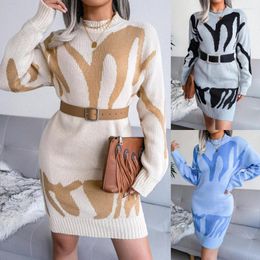 Casual jurken herfst winter geometrische print vrouwen trui jurk gebreide pullover half kraag losse lange mouw vrouwen dikker warm warmer warm