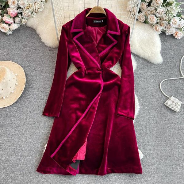 Vestidos casuales otoño invierno alta calidad elegante manga larga vestido formal abrigo para mujeres traje de trabajo cuello cintura adelgazamiento terciopelo