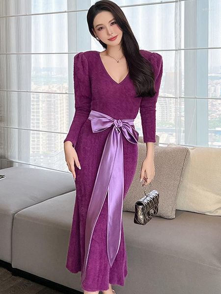 Robes décontractées automne hiver tricoté femmes Robe de soirée pull tempérament violet col en v moulante Midi fête robe de bal extensible Mujer