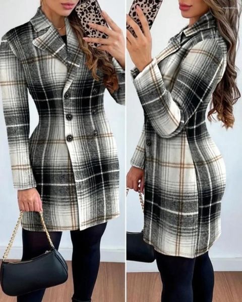 Vestidos casuales otoño invierno a cuadros abrigo de lana vestido mujeres causal oficina damas con cuello en v doble botonadura mujer delgada