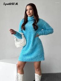 Vestidos casuales otoño invierno suéter de peluche mini vestido mujeres elegante manga larga cuello alto delgado 2023 moda streetwear cálido suave