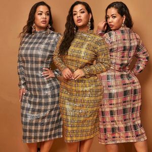 Casual jurken herfst winter pailletten strakke heup plaid plus size dames geborduurde pailletten sexy