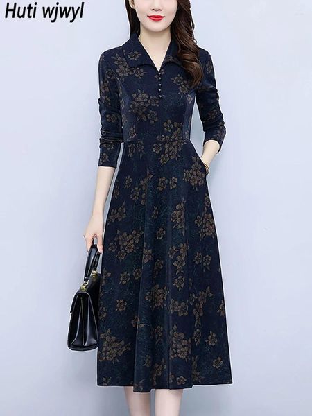 Vestidos informales Otoño Invierno Invierno espeso Vintage estampado Vintage Polo Collar Femenino Formal Long 2024 Elegante CodyCon Luxury Party Night