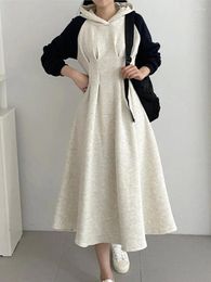Casual jurken herfst winter vintage dames mode fleece capuchon jurk met lange mouwen a-line feest verjaardagskleding vrouwelijk gewaad vestidos