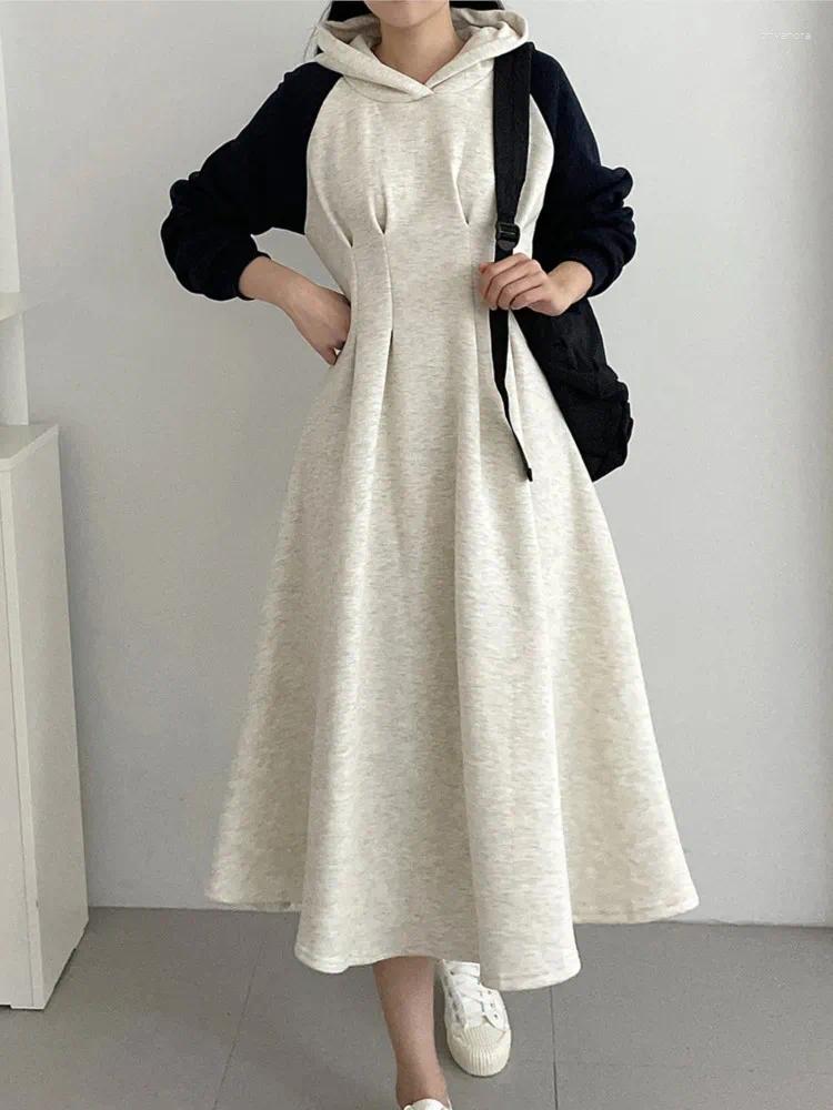 Casual Dresses Autumn Winter Vintage Women Fashion Fleece Hooded Dress Long Sleeve A-Line Party Birthday Clothes Female Robe Vestidos