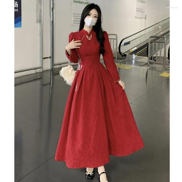 Vestidos casuales Otoño Invierno Mujeres Abalorios Chino Cheongsam Vestido de manga larga Mujer Elegante Tamaño grande 4XL Borgoña Fiesta Robe Vestido