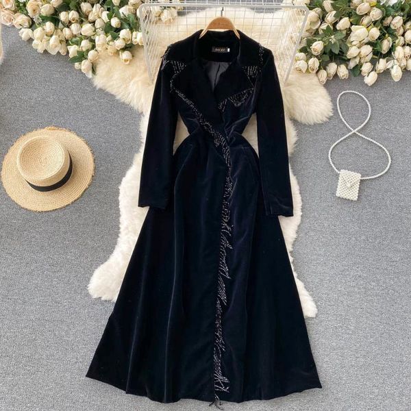 Vestidos casuales otoño invierno mujeres vestido de terciopelo negro vintage bling borla muesca cuello traje abrigo trinchera fiesta maxi elegante vestidos
