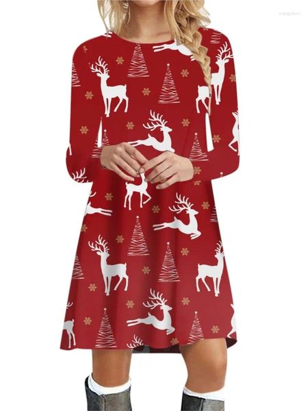 Robes décontractées automne femmes hiver mignonnes vacances de Noël imprimées robe à manches longues sweet kawaii dessin animé femme A-ligne