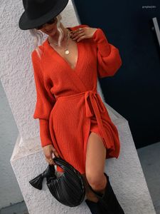 Robes décontractées automne hiver femmes élégante robe en tricot couleur unie à lacets Mini Cardigan femme noir pull fête Sexy noël