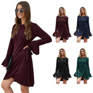 Robes décontractées automne hiver femmes dames à manches longues robe fendue à la mode Sexy chemise tricotée couleur unie pull ceintures tenue de bureau