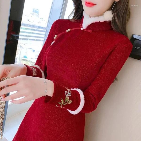 Vestidos casuales otoño invierno mujeres rojo cheongsam vestido 2024 temperamento francés manga larga chica elegante base de gama alta vestido