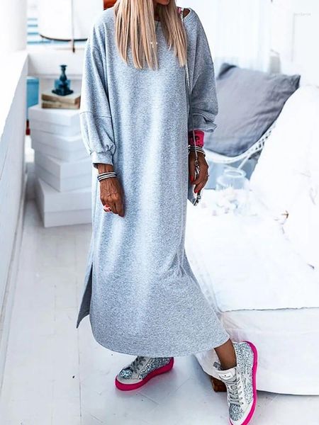 Robes décontractées Automne Hiver Femmes Robe Solide Streetwear Femme Vacances Patchwork Gris Col Rond Manches Longues Cheville Longueur