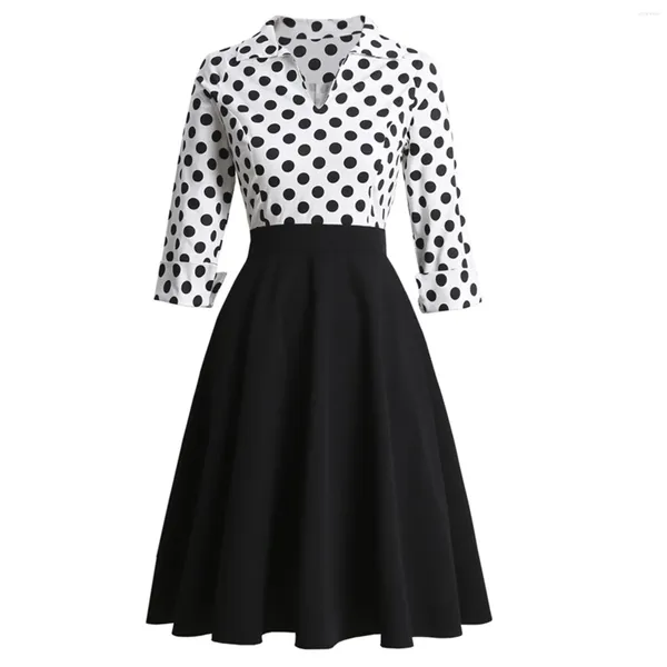 Robes décontractées Automne Femmes Élégant Polka Dot Blanc Et Noir Vintage Midi Pour Col En V Trois Quarts Manches Robe Rétro Robes