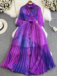Robes décontractées Automne Femmes Violet / Bleu / Rose Patchwork imprimé robe longue plissée élégante col rabattu 3/4 manches robe à poitrine unique